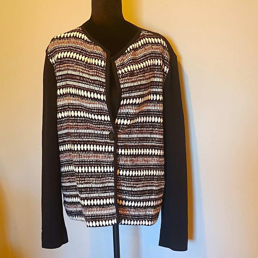 Chico's Women's Size 2 Black White Striped Knit Button-Up Cardigan Sweater